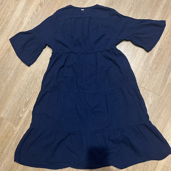 Pact Organic Cotton Gauzy Tiered Midi Dress Navy Blue XL Flutter Bell Sleeves - Picture 3 of 4